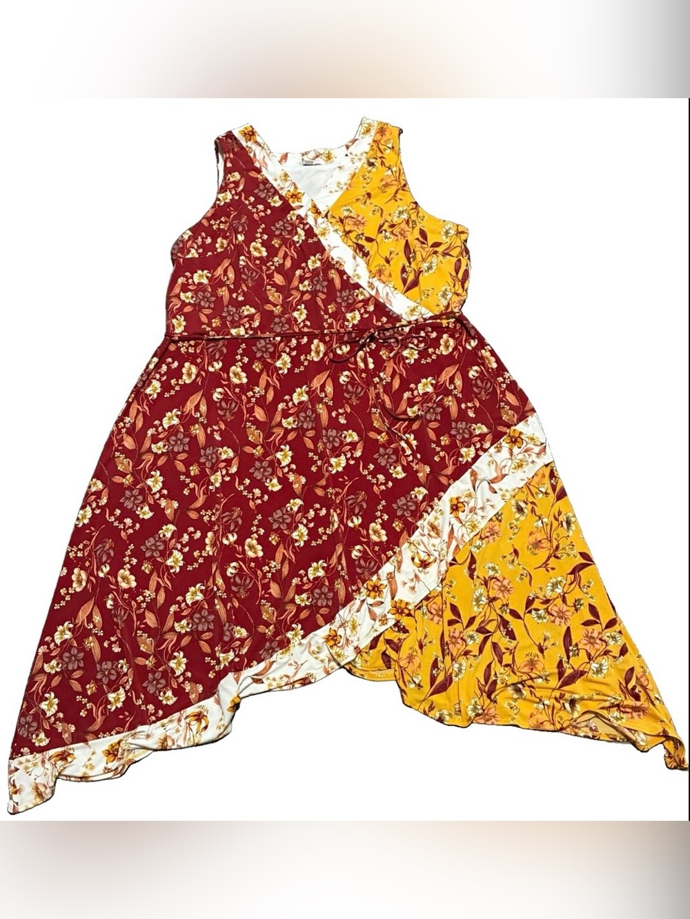 Cato Dress Womens 26/28W Floral Burgundy Mustard Wrap Style Asymmetric Hem